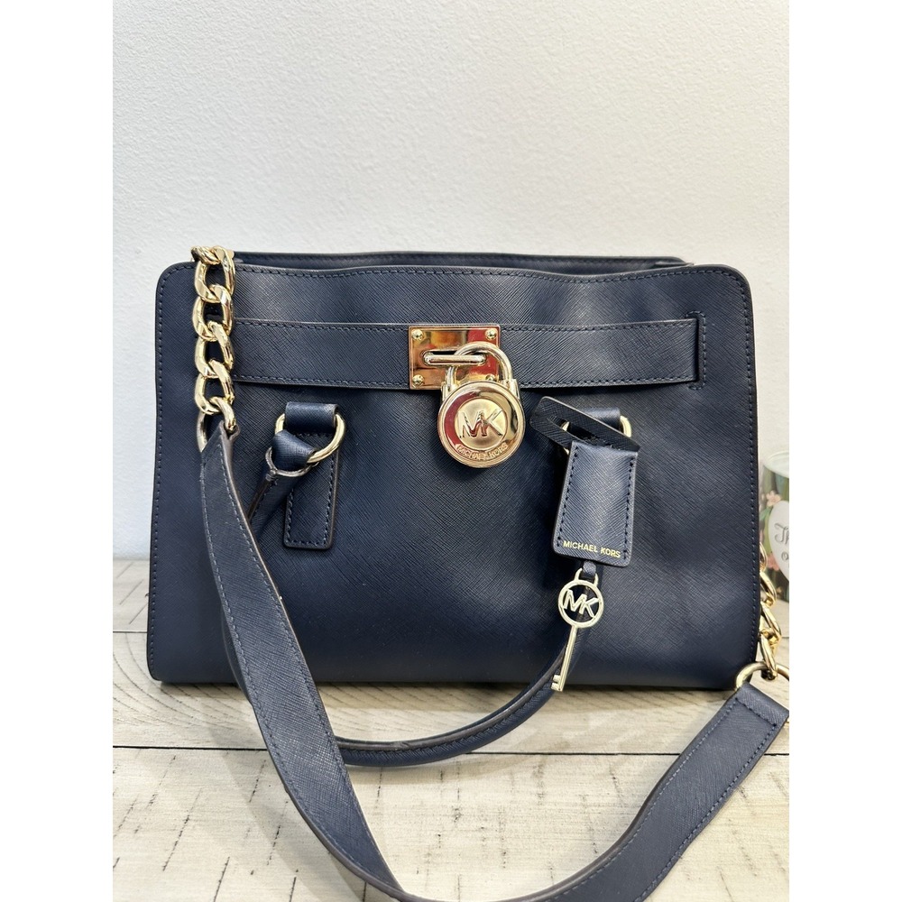 Michael Kors Navy Blue Hamilton Satchel Tote Bag Saffiano Leather Gold Hardware